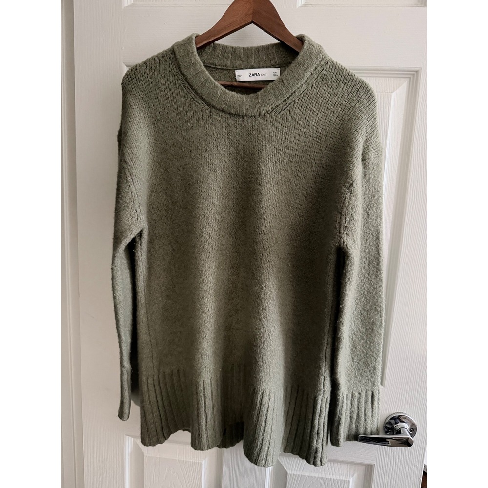 Zara Knit Oversized Sweater Sage Green Olive Crew Neck Ribbed Pullover Small